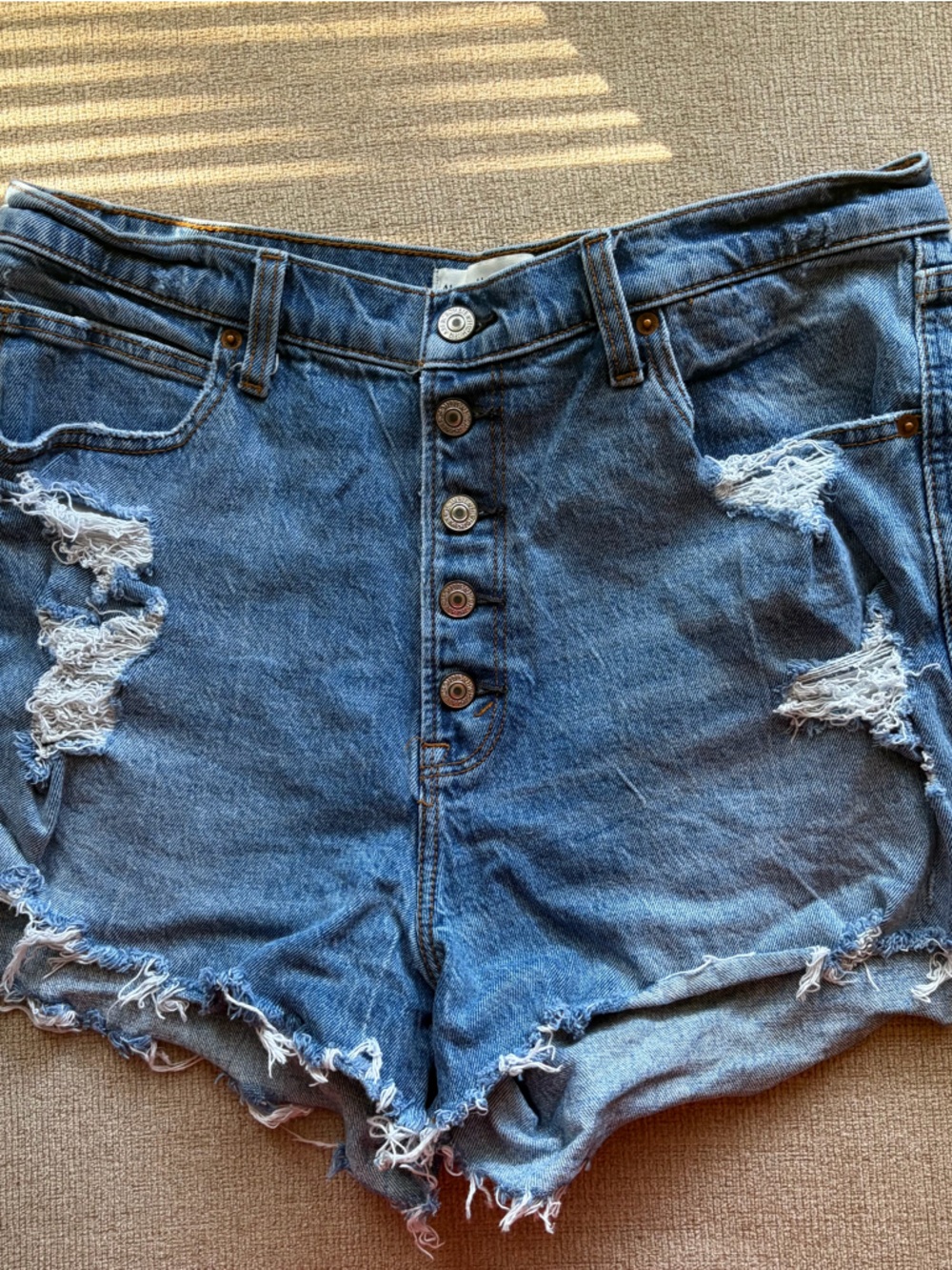 Abercrombie & Fitch Distressed Blue Denim High-Waist Shorts